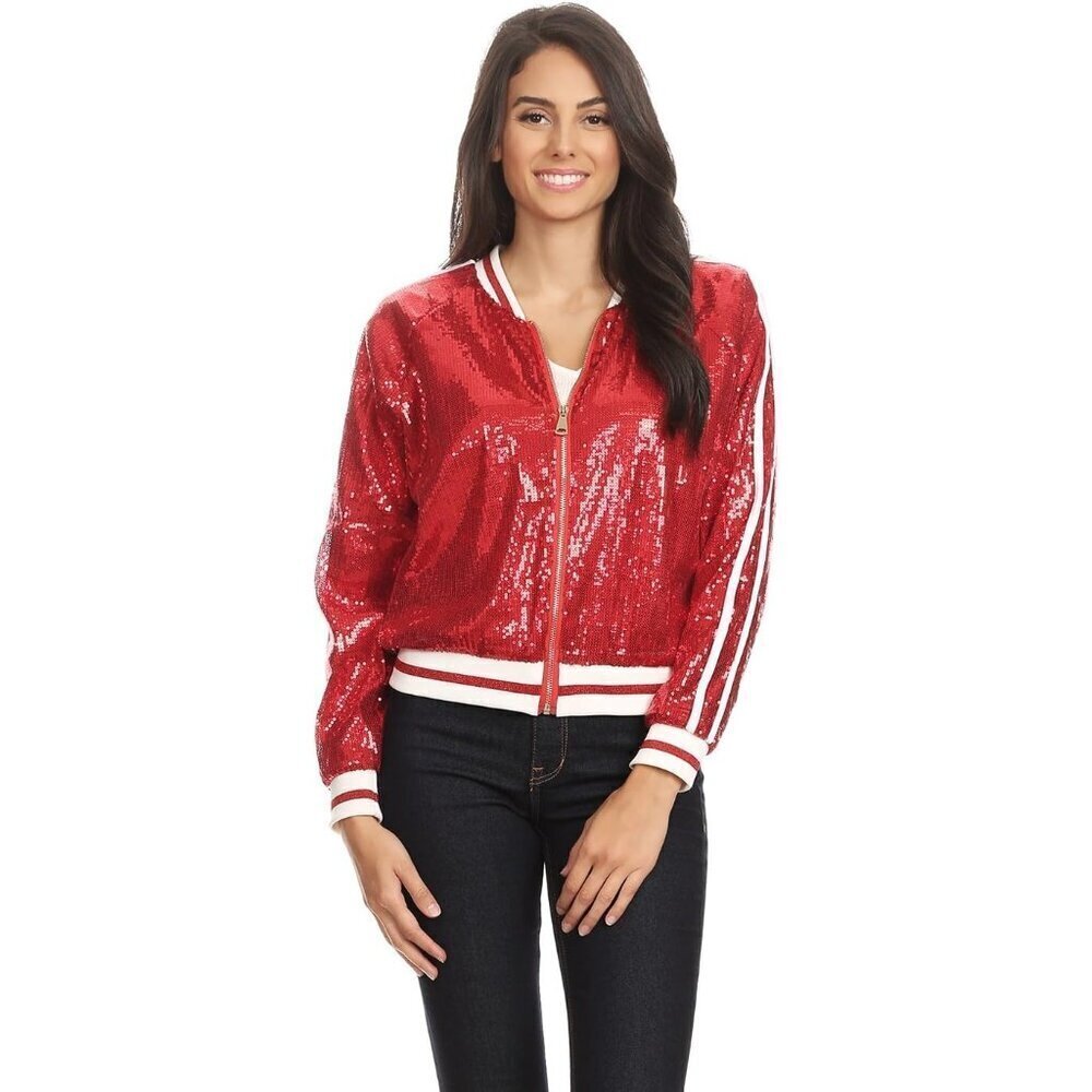 Brand New Women Red Polyester Sequin Bomber Jacket Zip Up Track Stripe Ribbed